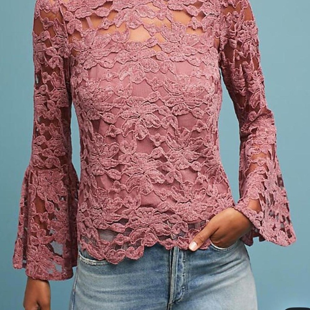 Akemi + Kin Anthropologie Floral Lace Bell Sleeve Mock Neck Top Boho Resort